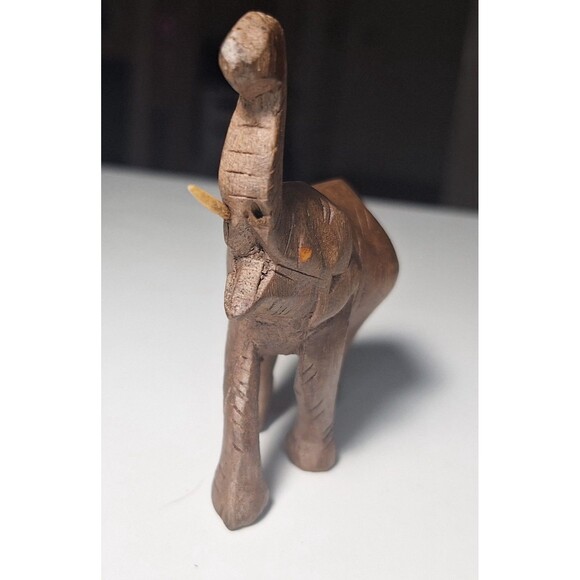 Hand Carved Wooden Elephant 4" Figurine Sculpture Trunk Up Good Luck Tusks - Picture 2 of 6